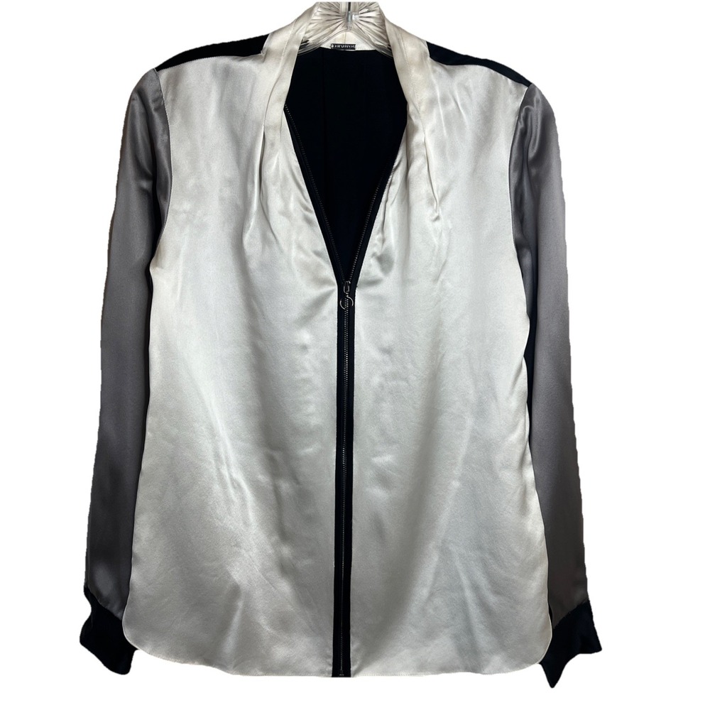 Elie Tahari Rosalina Silk Top Women Small Blouse Nimbus Zip Front Classic Career